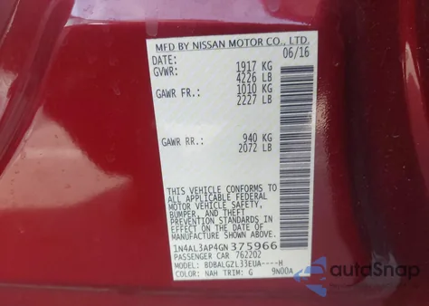 2016 Nissan Altima 2.5 S z USA, uszkodzony, nr VIN 1N4AL3AP4GN375966